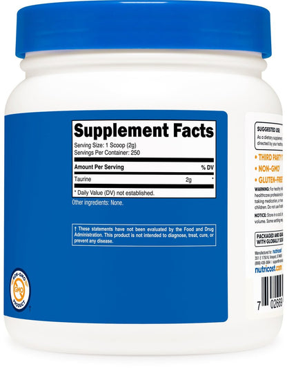 Nutricost Taurin Pulver (500 Gramm) - 250 Portionen - Reines Taurinpulver für Sport und Ernährung