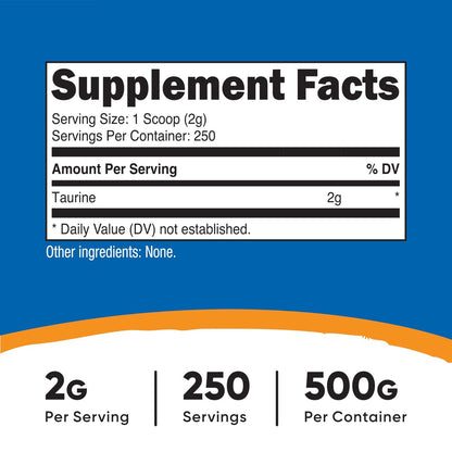Nutricost Taurin Pulver (500 Gramm) - 250 Portionen - Reines Taurinpulver für Sport und Ernährung