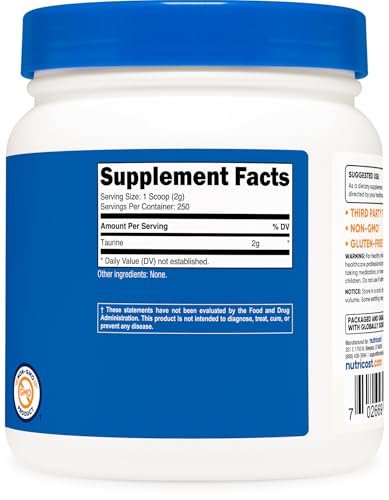 Nutricost Taurin Pulver (500 Gramm) - 250 Portionen - Reines Taurinpulver für Sport und Ernährung
