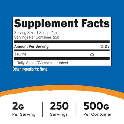 Nutricost Taurin Pulver (500 Gramm) - 250 Portionen - Reines Taurinpulver für Sport und Ernährung