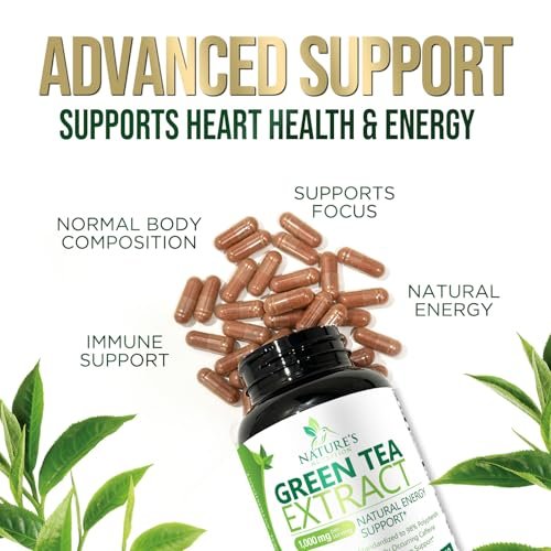 Grüner Tee Extrakt Kapseln - 3X Stärke Grüner Tee Extrakt 1000 mg pro Portion mit 45% EGCG & 98% Polyphenolen für natürliche Energie - Antioxidantien Kräuter-Herzunterstützung Supplement - 60 Kapseln