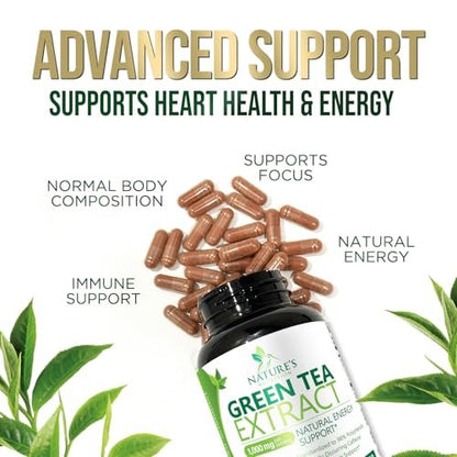 Grüner Tee Extrakt Kapseln - 3X Stärke Grüner Tee Extrakt 1000 mg pro Portion mit 45% EGCG & 98% Polyphenolen für natürliche Energie - Antioxidantien Kräuter-Herzunterstützung Supplement - 60 Kapseln