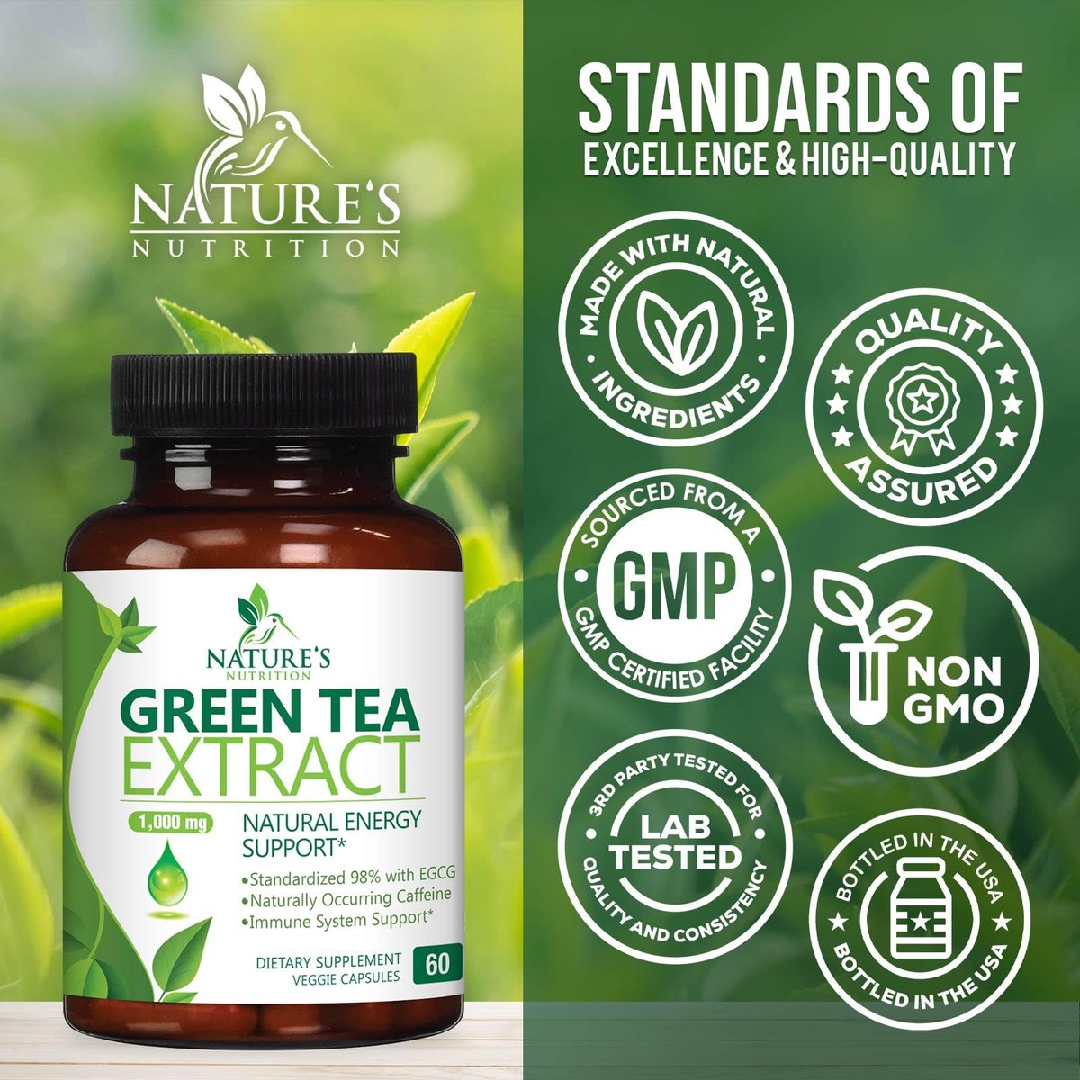 Grüner Tee Extrakt Kapseln - 3X Stärke Grüner Tee Extrakt 1000 mg pro Portion mit 45% EGCG & 98% Polyphenolen für natürliche Energie - Antioxidantien Kräuter-Herzunterstützung Supplement - 60 Kapseln