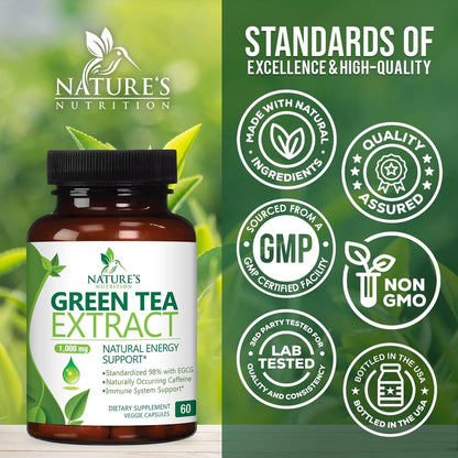 Grüner Tee Extrakt Kapseln - 3X Stärke Grüner Tee Extrakt 1000 mg pro Portion mit 45% EGCG & 98% Polyphenolen für natürliche Energie - Antioxidantien Kräuter-Herzunterstützung Supplement - 60 Kapseln