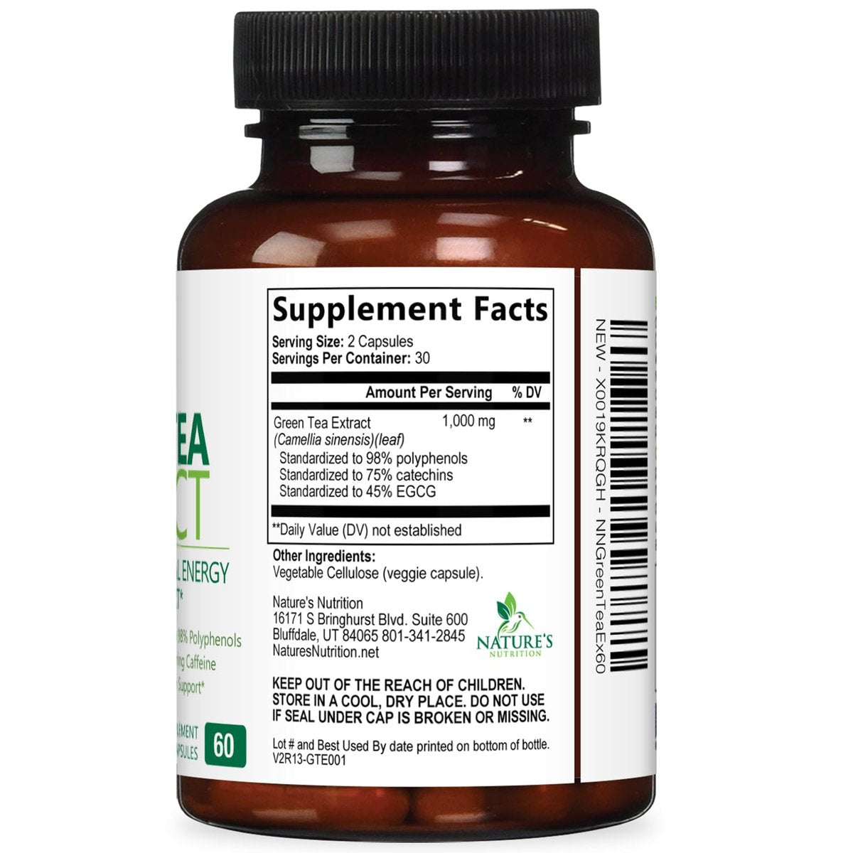 Grüner Tee Extrakt Kapseln - 3X Stärke Grüner Tee Extrakt 1000 mg pro Portion mit 45% EGCG & 98% Polyphenolen für natürliche Energie - Antioxidantien Kräuter-Herzunterstützung Supplement - 60 Kapseln