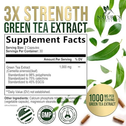 Grüner Tee Extrakt Kapseln - 3X Stärke Grüner Tee Extrakt 1000 mg pro Portion mit 45% EGCG & 98% Polyphenolen für natürliche Energie - Antioxidantien Kräuter-Herzunterstützung Supplement - 60 Kapseln