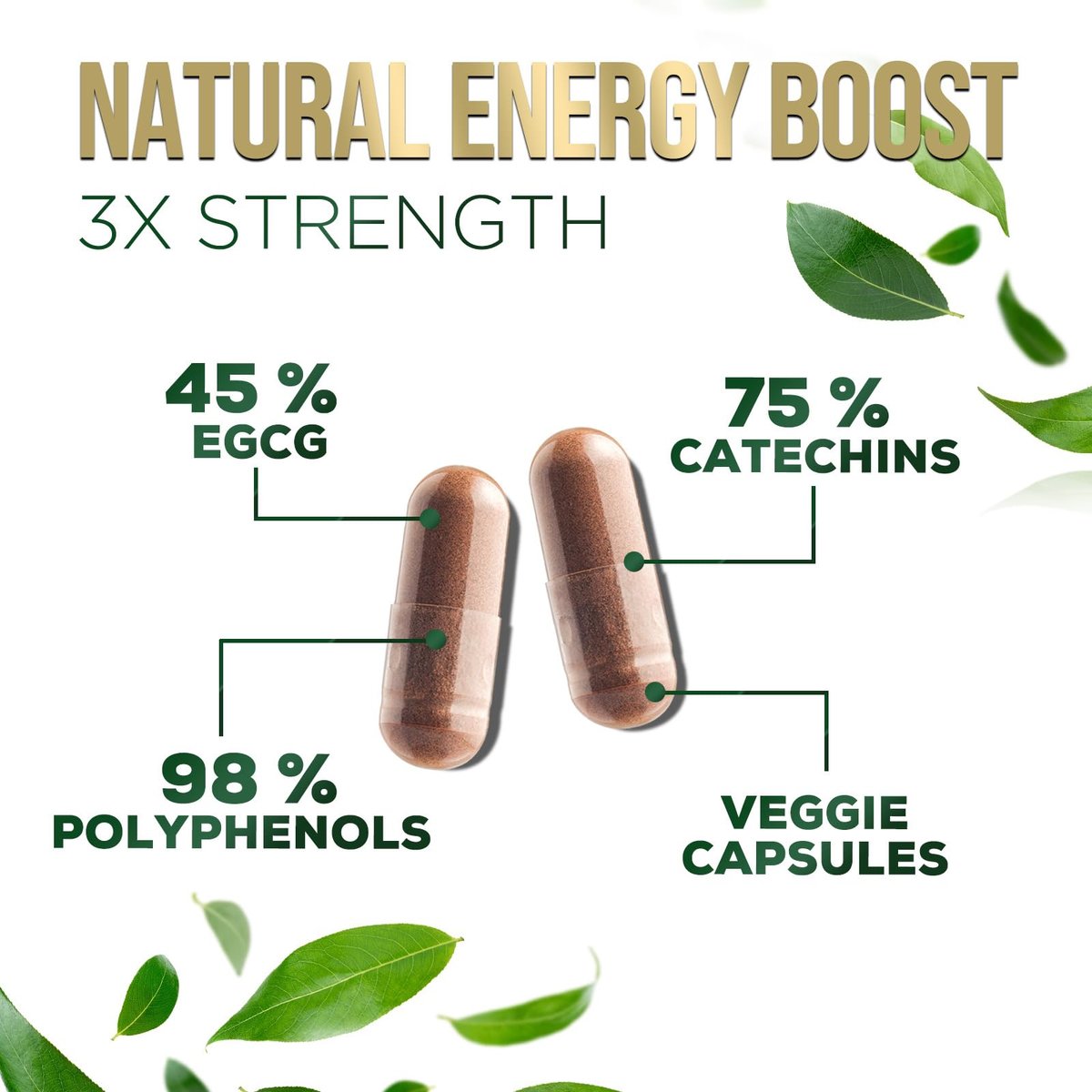 Grüner Tee Extrakt Kapseln - 3X Stärke Grüner Tee Extrakt 1000 mg pro Portion mit 45% EGCG & 98% Polyphenolen für natürliche Energie - Antioxidantien Kräuter-Herzunterstützung Supplement - 60 Kapseln