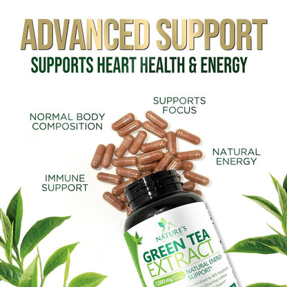 Grüner Tee Extrakt Kapseln - 3X Stärke Grüner Tee Extrakt 1000 mg pro Portion mit 45% EGCG & 98% Polyphenolen für natürliche Energie - Antioxidantien Kräuter-Herzunterstützung Supplement - 60 Kapseln