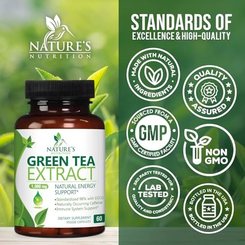 Grüner Tee Extrakt Kapseln - 3X Stärke Grüner Tee Extrakt 1000 mg pro Portion mit 45% EGCG & 98% Polyphenolen für natürliche Energie - Antioxidantien Kräuter-Herzunterstützung Supplement - 60 Kapseln
