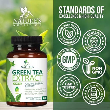 Grüner Tee Extrakt Kapseln - 3X Stärke Grüner Tee Extrakt 1000 mg pro Portion mit 45% EGCG & 98% Polyphenolen für natürliche Energie - Antioxidantien Kräuter-Herzunterstützung Supplement - 60 Kapseln