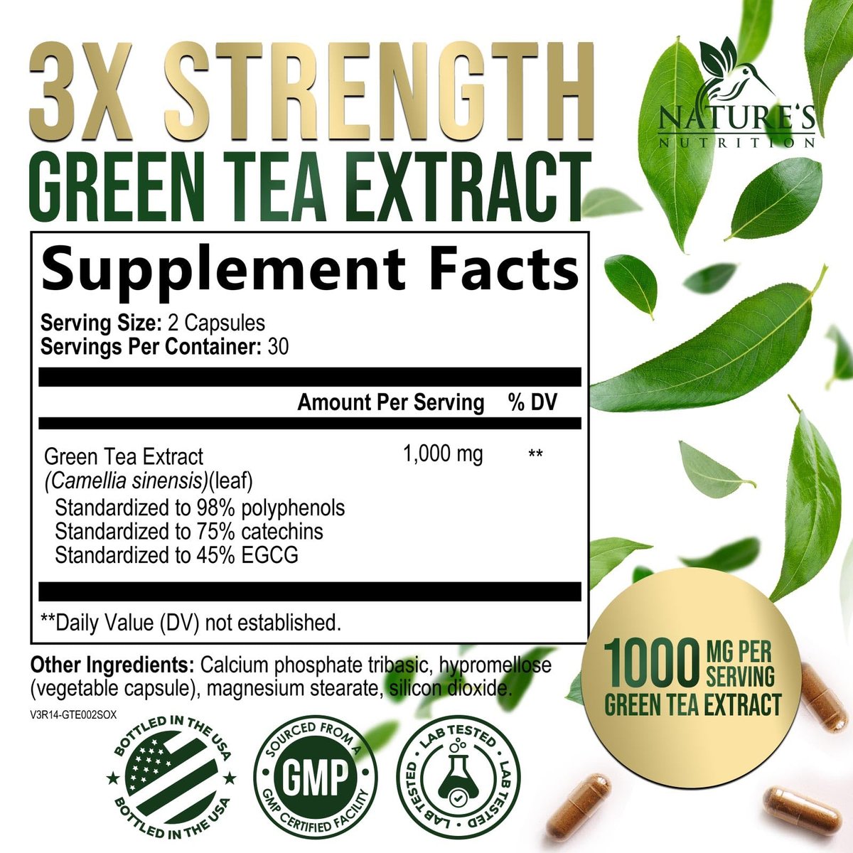 Grüner Tee Extrakt Kapseln - 3X Stärke Grüner Tee Extrakt 1000 mg pro Portion mit 45% EGCG & 98% Polyphenolen für natürliche Energie - Antioxidantien Kräuter-Herzunterstützung Supplement - 60 Kapseln