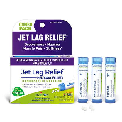 Boiron Jet Lag Relief Kit – Reisebegleiter gegen Übelkeit, Steifheit, Muskelschmerzen und Müdigkeit nach Langstreckenflügen – 3 Packungen (240 Kügelchen)