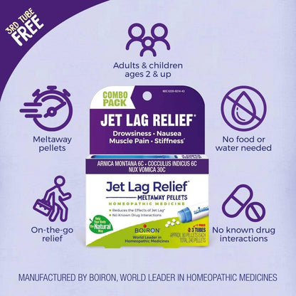 Boiron Jet Lag Relief Kit – Reisebegleiter gegen Übelkeit, Steifheit, Muskelschmerzen und Müdigkeit nach Langstreckenflügen – 3 Packungen (240 Kügelchen)