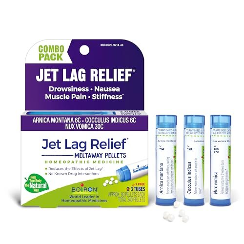 Boiron Jet Lag Relief Kit – Reisebegleiter gegen Übelkeit, Steifheit, Muskelschmerzen und Müdigkeit nach Langstreckenflügen – 3 Packungen (240 Kügelchen)