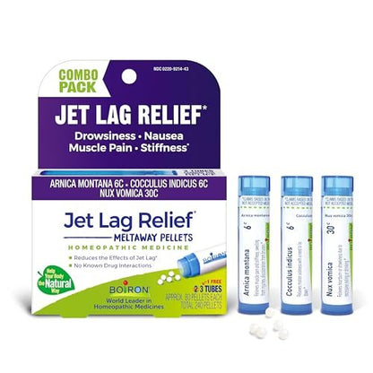 Boiron Jet Lag Relief Kit – Reisebegleiter gegen Übelkeit, Steifheit, Muskelschmerzen und Müdigkeit nach Langstreckenflügen – 3 Packungen (240 Kügelchen)