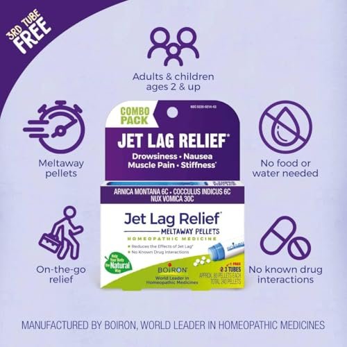 Boiron Jet Lag Relief Kit – Reisebegleiter gegen Übelkeit, Steifheit, Muskelschmerzen und Müdigkeit nach Langstreckenflügen – 3 Packungen (240 Kügelchen)