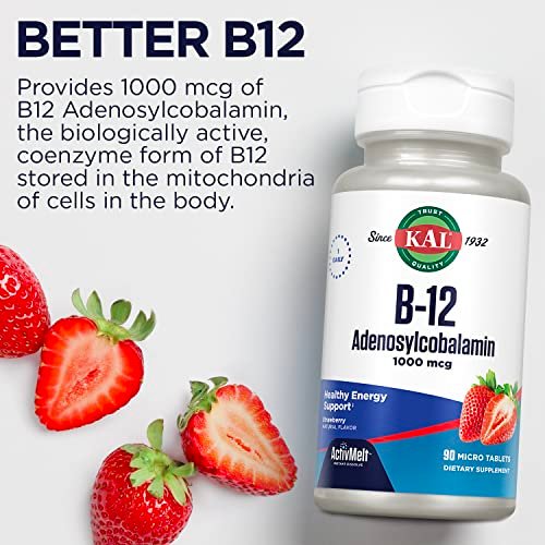 KAL Vitamin B12 Adenosylcobalamin 1000 mcg – Aktives B-12 für Energie, Erdbeergeschmack – 90 ActiveMelt Mikrotabletten
