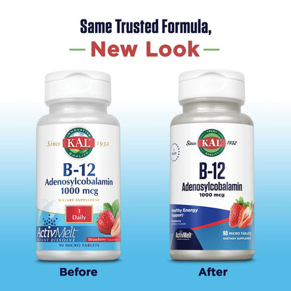 KAL Vitamin B12 Adenosylcobalamin 1000 mcg – Aktives B-12 für Energie, Erdbeergeschmack – 90 ActiveMelt Mikrotabletten