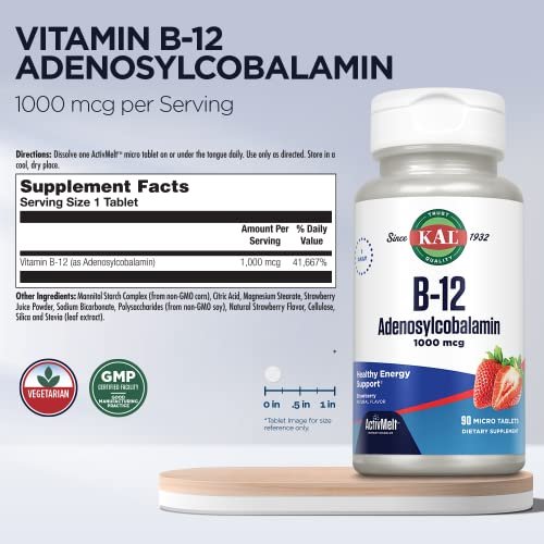 KAL Vitamin B12 Adenosylcobalamin 1000 mcg – Aktives B-12 für Energie, Erdbeergeschmack – 90 ActiveMelt Mikrotabletten