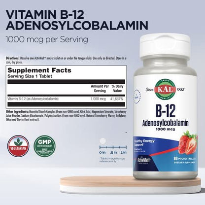 KAL Vitamin B12 Adenosylcobalamin 1000 mcg – Aktives B-12 für Energie, Erdbeergeschmack – 90 ActiveMelt Mikrotabletten