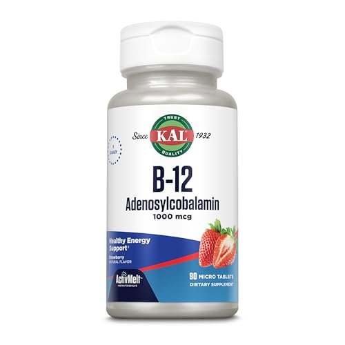 KAL Vitamin B12 Adenosylcobalamin 1000 mcg – Aktives B-12 für Energie, Erdbeergeschmack – 90 ActiveMelt Mikrotabletten