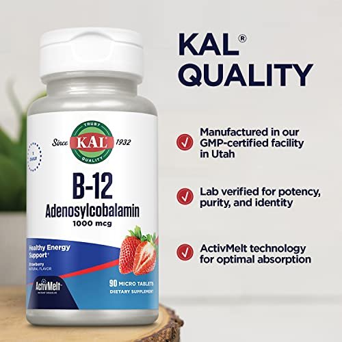 KAL Vitamin B12 Adenosylcobalamin 1000 mcg – Aktives B-12 für Energie, Erdbeergeschmack – 90 ActiveMelt Mikrotabletten