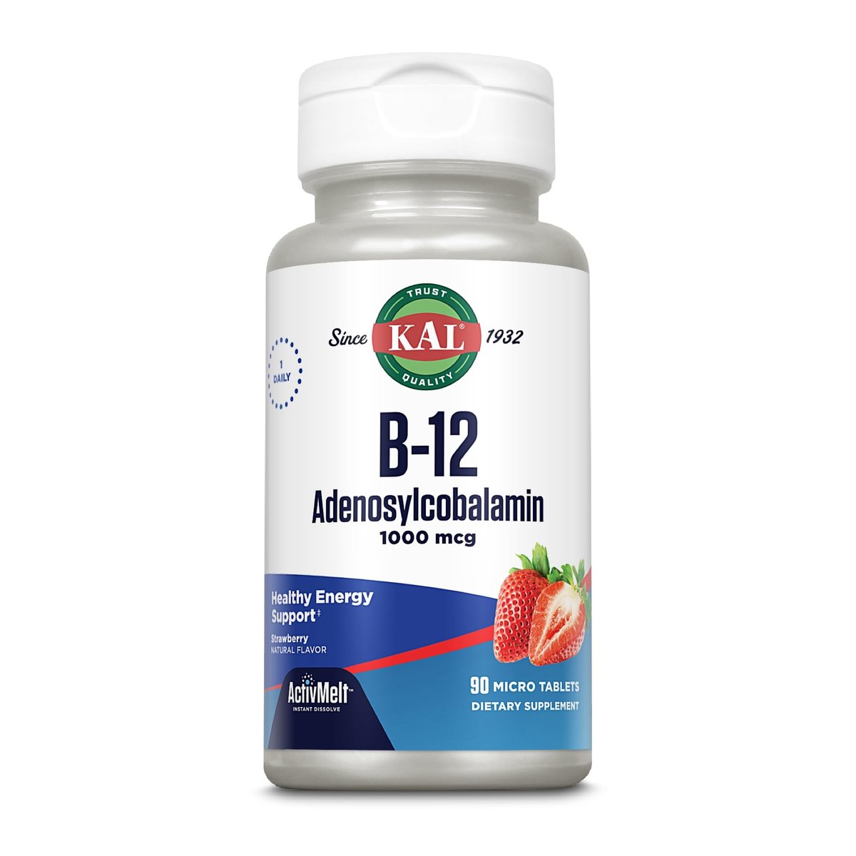 KAL Vitamin B12 Adenosylcobalamin 1000 mcg – Aktives B-12 für Energie, Erdbeergeschmack – 90 ActiveMelt Mikrotabletten