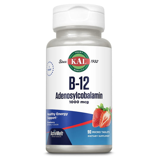 KAL Vitamin B12 Adenosylcobalamin 1000 mcg – Aktives B-12 für Energie, Erdbeergeschmack – 90 ActiveMelt Mikrotabletten