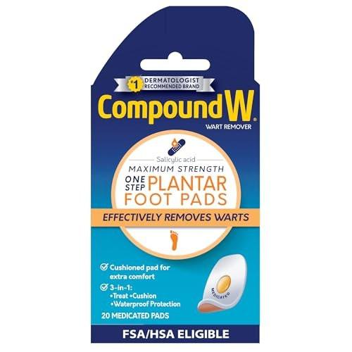 Compound W Maximum Strength One Step Plantar Warzen Pflaster mit Salicylsäure, selbstklebend, gepolstert und wasserdicht, 20 Stück