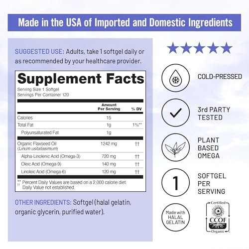 NatureWise Leinöl 1200 mg, Fischfreies Omega 3 6 9 mit 720 mg ALA, Nahrungsergänzungsmittel für die Herzgesundheit – Bio, kaltgepresst, nicht-GVO – 120 Weichkapseln (4-Monatsvorrat)