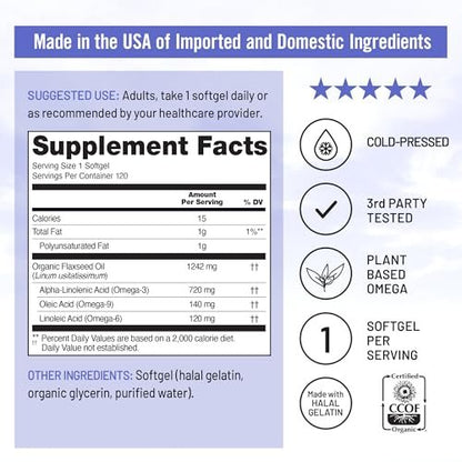 NatureWise Leinöl 1200 mg, Fischfreies Omega 3 6 9 mit 720 mg ALA, Nahrungsergänzungsmittel für die Herzgesundheit – Bio, kaltgepresst, nicht-GVO – 120 Weichkapseln (4-Monatsvorrat)