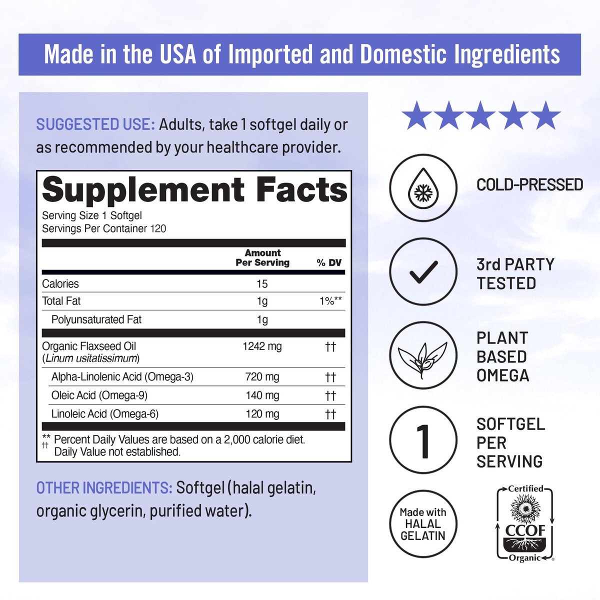 NatureWise Leinöl 1200 mg, Fischfreies Omega 3 6 9 mit 720 mg ALA, Nahrungsergänzungsmittel für die Herzgesundheit – Bio, kaltgepresst, nicht-GVO – 120 Weichkapseln (4-Monatsvorrat)