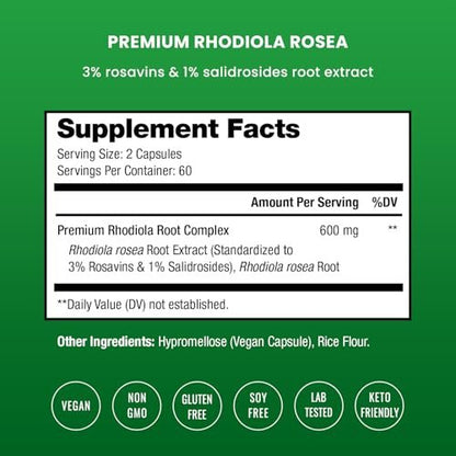 Rhodiola Rosea 600mg | 120 Vegane Kapseln | Adaptogenes Wurzelextrakt für Energie, Stressabbau, Stimmung und Konzentration | Mit Rosavin & Salidrosiden | 300mg Kapseln von NutraChamps