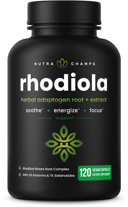 Rhodiola Rosea 600mg | 120 Vegane Kapseln | Adaptogenes Wurzelextrakt für Energie, Stressabbau, Stimmung und Konzentration | Mit Rosavin & Salidrosiden | 300mg Kapseln von NutraChamps