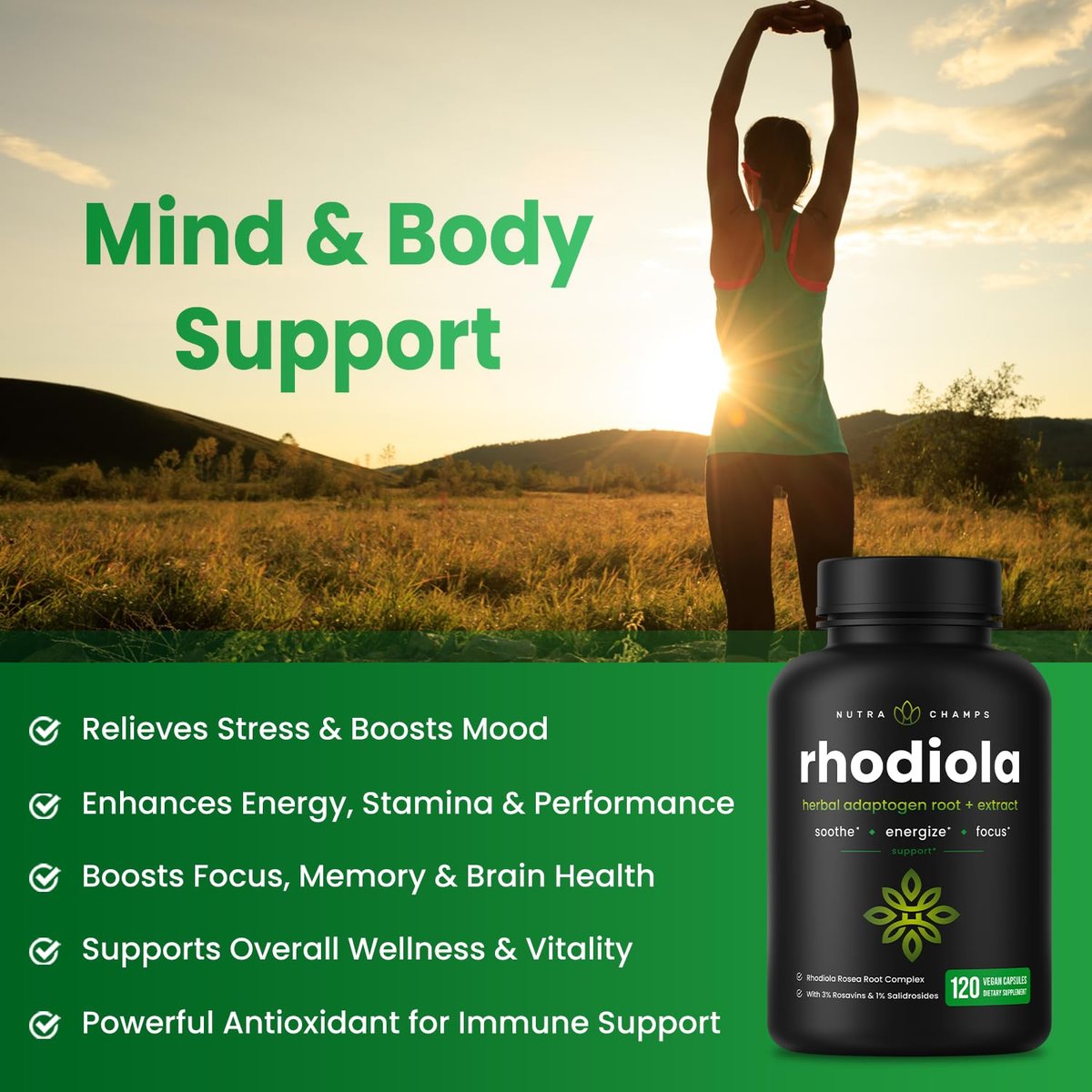 Rhodiola Rosea 600mg | 120 Vegane Kapseln | Adaptogenes Wurzelextrakt für Energie, Stressabbau, Stimmung und Konzentration | Mit Rosavin & Salidrosiden | 300mg Kapseln von NutraChamps