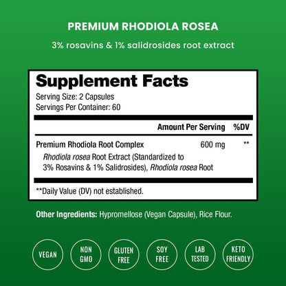 Rhodiola Rosea 600mg | 120 Vegane Kapseln | Adaptogenes Wurzelextrakt für Energie, Stressabbau, Stimmung und Konzentration | Mit Rosavin & Salidrosiden | 300mg Kapseln von NutraChamps