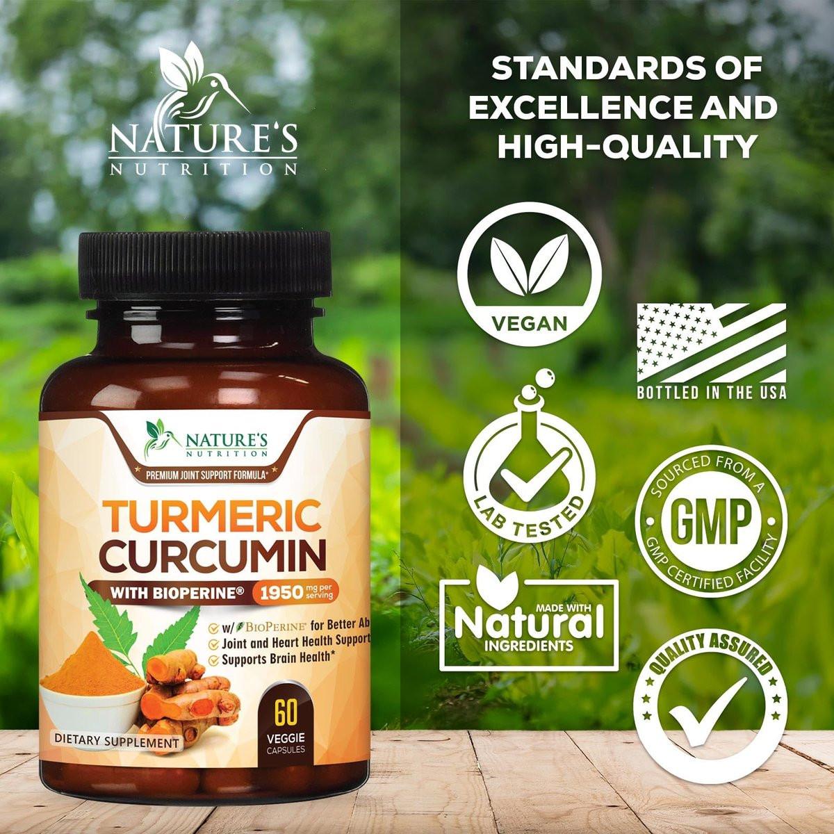 Turmeric Curcumin Supplement mit 95% Curcuminoiden, Bio-Turmeric & BioPerine Schwarzer Pfeffer für beste Absorption – Tägliche Gelenk- & Immununterstützung, Vegan, Nicht-GVO, Abgefüllt in den USA – 60 Kapseln