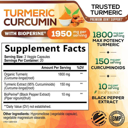 Turmeric Curcumin Supplement mit 95% Curcuminoiden, Bio-Turmeric & BioPerine Schwarzer Pfeffer für beste Absorption – Tägliche Gelenk- & Immununterstützung, Vegan, Nicht-GVO, Abgefüllt in den USA – 60 Kapseln