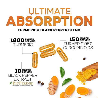 Turmeric Curcumin Supplement mit 95% Curcuminoiden, Bio-Turmeric & BioPerine Schwarzer Pfeffer für beste Absorption – Tägliche Gelenk- & Immununterstützung, Vegan, Nicht-GVO, Abgefüllt in den USA – 60 Kapseln
