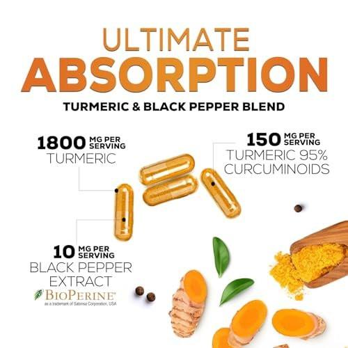 Turmeric Curcumin Supplement mit 95% Curcuminoiden, Bio-Turmeric & BioPerine Schwarzer Pfeffer für beste Absorption – Tägliche Gelenk- & Immununterstützung, Vegan, Nicht-GVO, Abgefüllt in den USA – 60 Kapseln