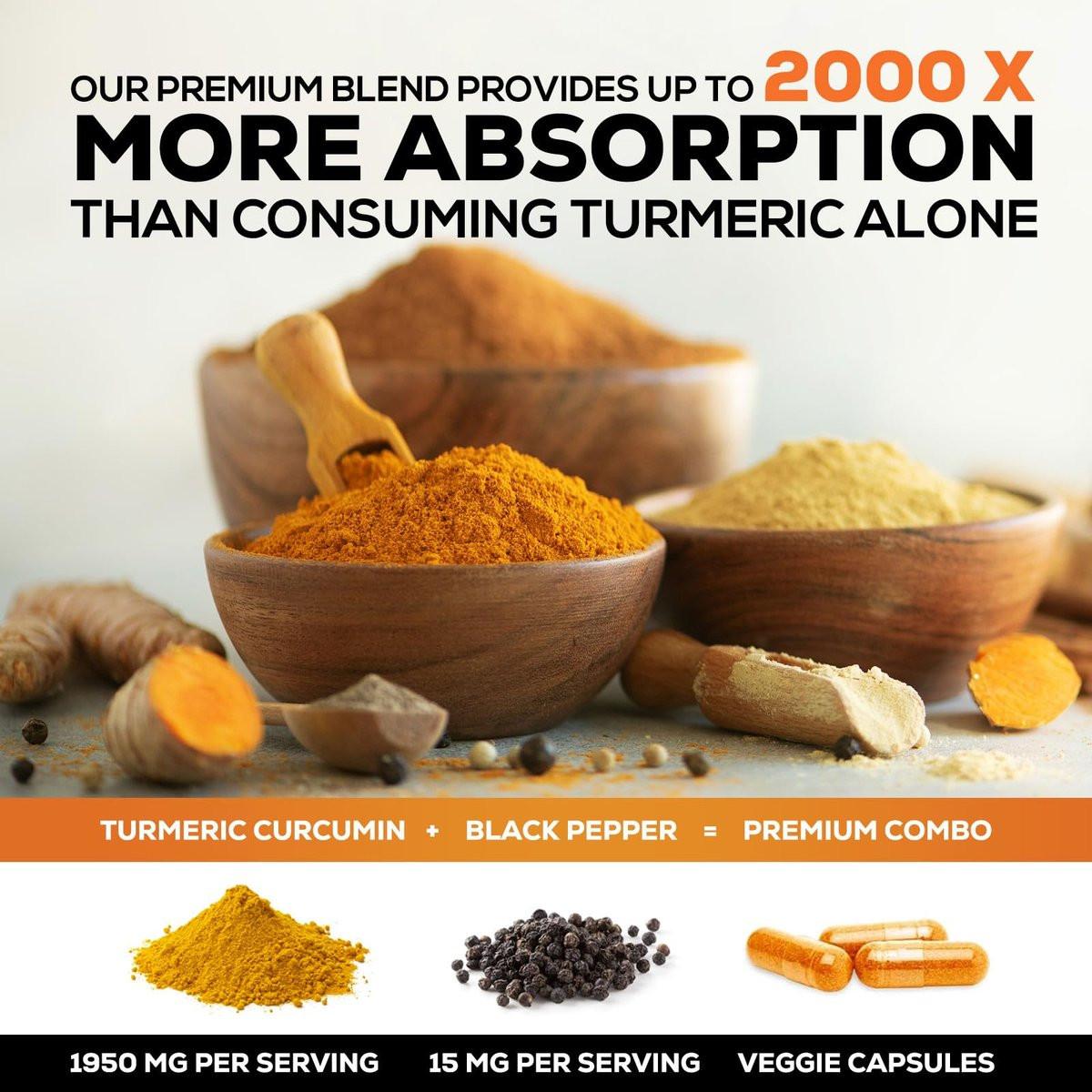 Turmeric Curcumin Supplement mit 95% Curcuminoiden, Bio-Turmeric & BioPerine Schwarzer Pfeffer für beste Absorption – Tägliche Gelenk- & Immununterstützung, Vegan, Nicht-GVO, Abgefüllt in den USA – 60 Kapseln