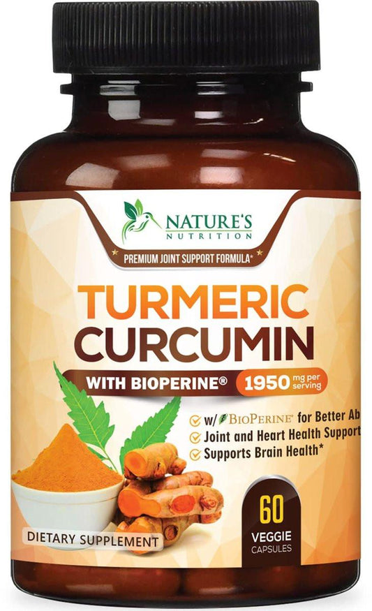 Turmeric Curcumin Supplement mit 95% Curcuminoiden, Bio-Turmeric & BioPerine Schwarzer Pfeffer für beste Absorption – Tägliche Gelenk- & Immununterstützung, Vegan, Nicht-GVO, Abgefüllt in den USA – 60 Kapseln