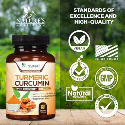 Turmeric Curcumin Supplement mit 95% Curcuminoiden, Bio-Turmeric & BioPerine Schwarzer Pfeffer für beste Absorption – Tägliche Gelenk- & Immununterstützung, Vegan, Nicht-GVO, Abgefüllt in den USA – 60 Kapseln