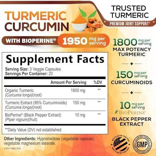 Turmeric Curcumin Supplement mit 95% Curcuminoiden, Bio-Turmeric & BioPerine Schwarzer Pfeffer für beste Absorption – Tägliche Gelenk- & Immununterstützung, Vegan, Nicht-GVO, Abgefüllt in den USA – 60 Kapseln