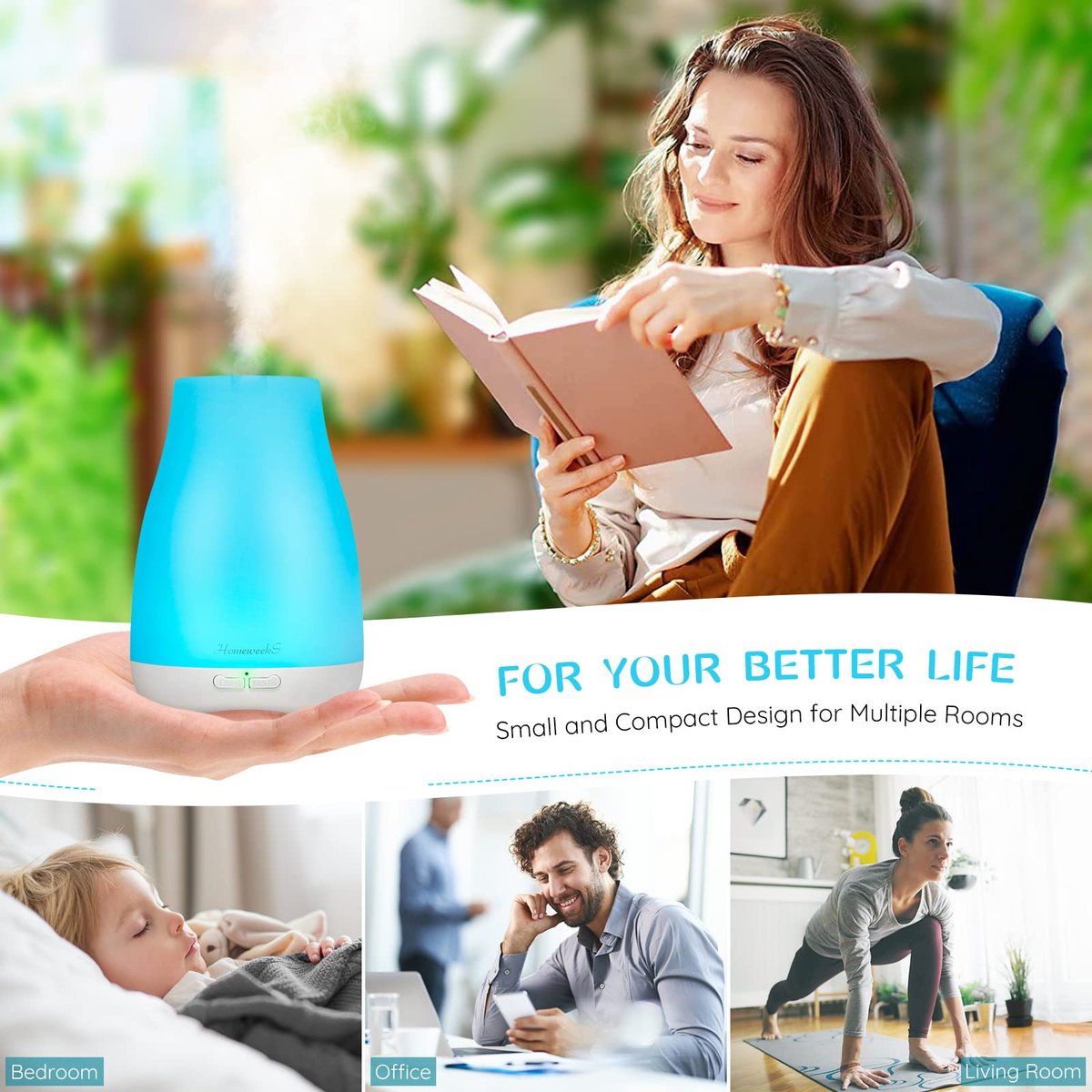 Homeweeks Duftdiffuser 100 ml – Bunter ätherischer Öl-Diffuser mit einstellbarem Nebelmodus, automatischer Abschaltung für Schlafzimmer/Büro/Reise (100 ml, 1er-Pack)
