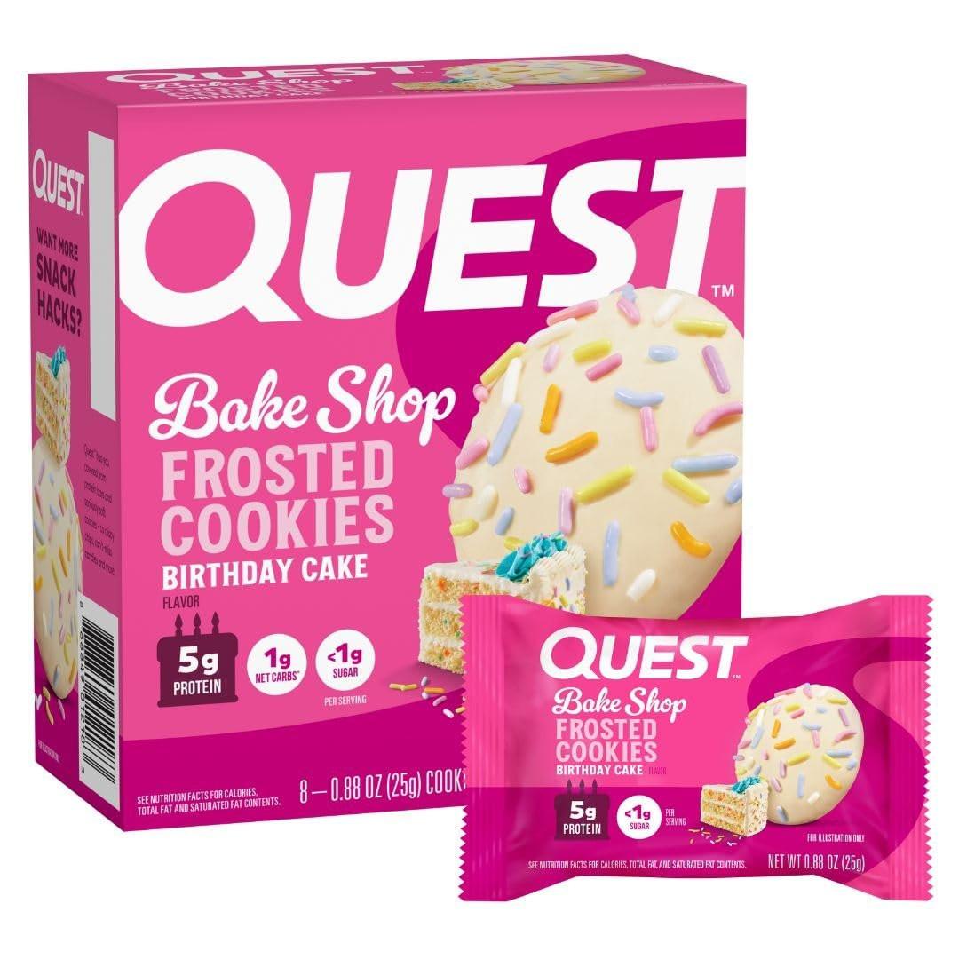 Quest Nutrition Frosted Protein Cookies – Geburtstagskuchen, <1g Zucker, 5g Protein, 1g Netto-Kohlenhydrate, glutenfrei, 8 Kekse