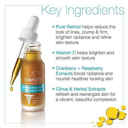 MD Complete Retinol Vitamin C Konzentrat Serum | Hochwirksames Anti-Aging Vitamin C Serum mit Retinol, Vitamin C & E, Omega 3-6 & 9, Fruchtsamenextrakten 0,5 fl oz