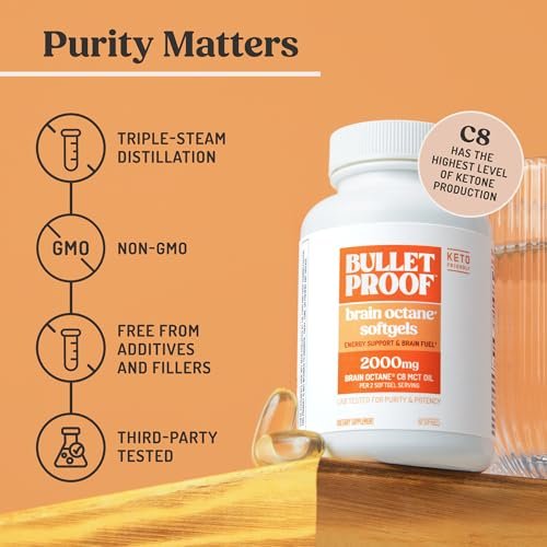 Bulletproof Brain Octane Softgels – 60 Kapseln, reines C8-MCT-Öl für anhaltende Energie