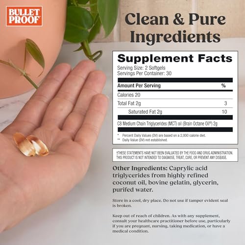 Bulletproof Brain Octane Softgels – 60 Kapseln, reines C8-MCT-Öl für anhaltende Energie