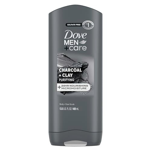 DOVE MEN + CARE Reinigendes Holzkohle + Tonerde Körper- und Gesichtswaschgel mit 24-Stunden Feuchtigkeitsversorgung für Männer, 13,5 oz